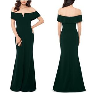 NEW Betsy & Adam PINE GREEN Crepe OFF THE SHOULDER Mermaid EVENING Dress GOWN 2P